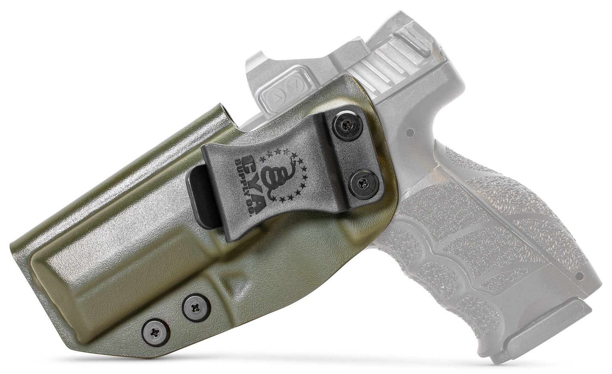 CYA od green Base IWB holster with a black clip on a black hk vp9 handgun