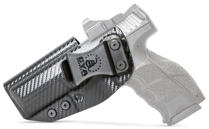 CYA carbon steel Base IWB holster with a black clip on a black hk vp9 handgun