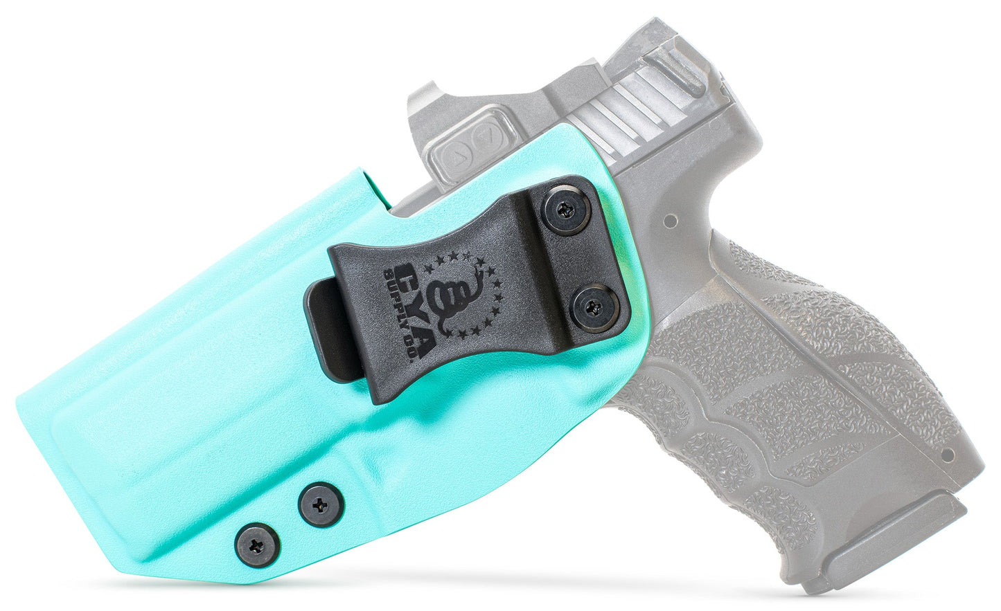 CYA teal blue Base IWB holster with a black clip on a black hk vp9 handgun