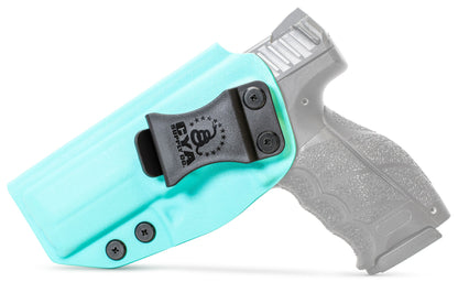 CYA teal blue Base IWB holster with a black clip on a black hk vp9 handgun