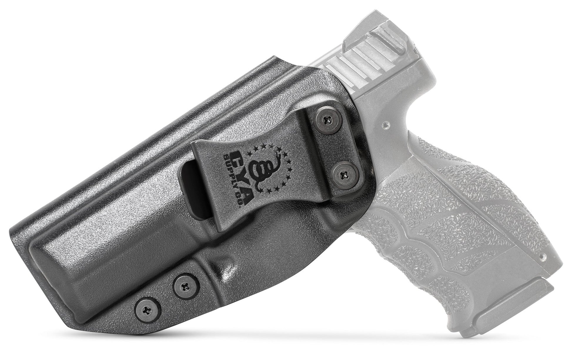 CYA black Base IWB holster with a black clip on a black hk vp9 handgun