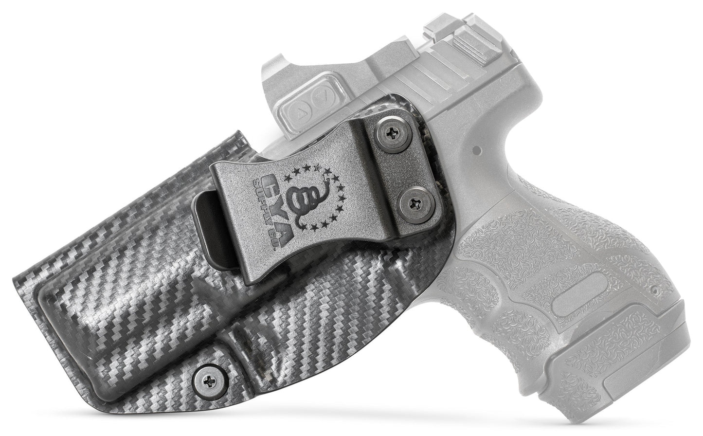 CYA carbon steel Base IWB holster with a black clip on a black hk vp9sk handgun