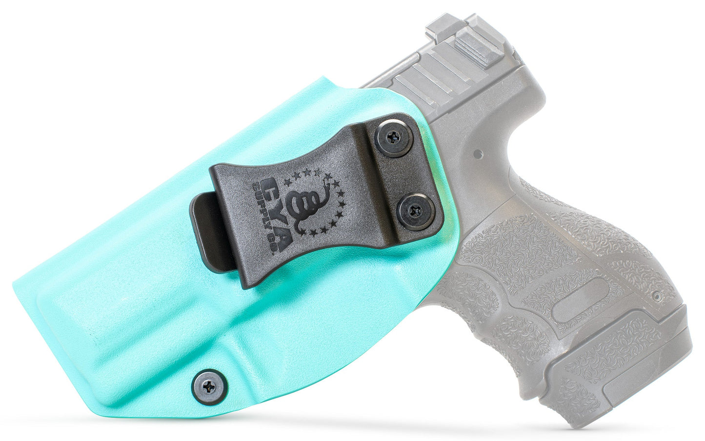 CYA teal blue Base IWB holster with a black clip on a black hk vp9sk handgun