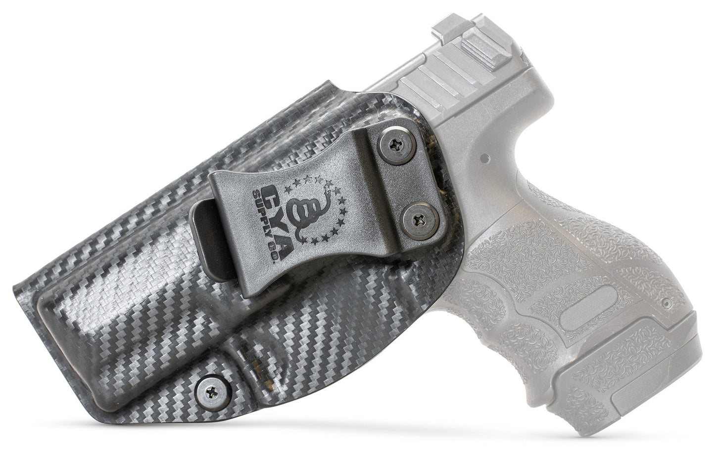 CYA carbon steel Base IWB holster with a black clip on a black hk vp9sk handgun