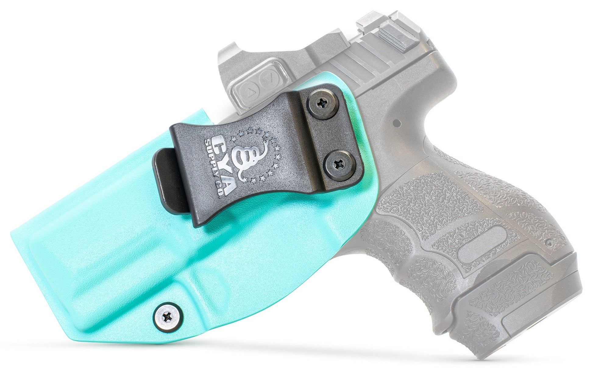 CYA teal blue Base IWB holster with a black clip on a black hk vp9sk handgun