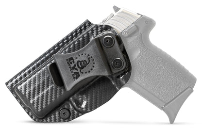 CYA Holster in carbon steel with a black clip on a black sccy cpx 1 gen3 handgun