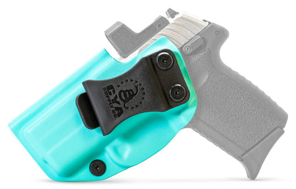 CYA Holster in teal blue with a black clip on a black sccy cpx 1 gen3 handgun