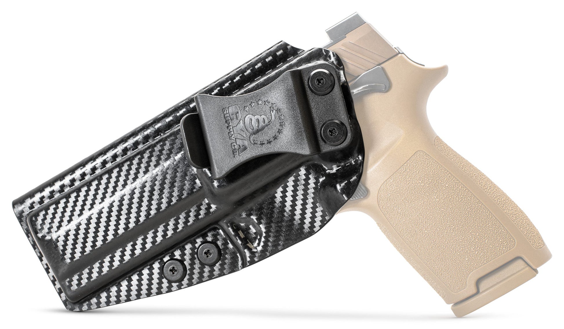 CYA Full size Holster in carbon steel with a black clip on a tan sig sauer p320 handgun
