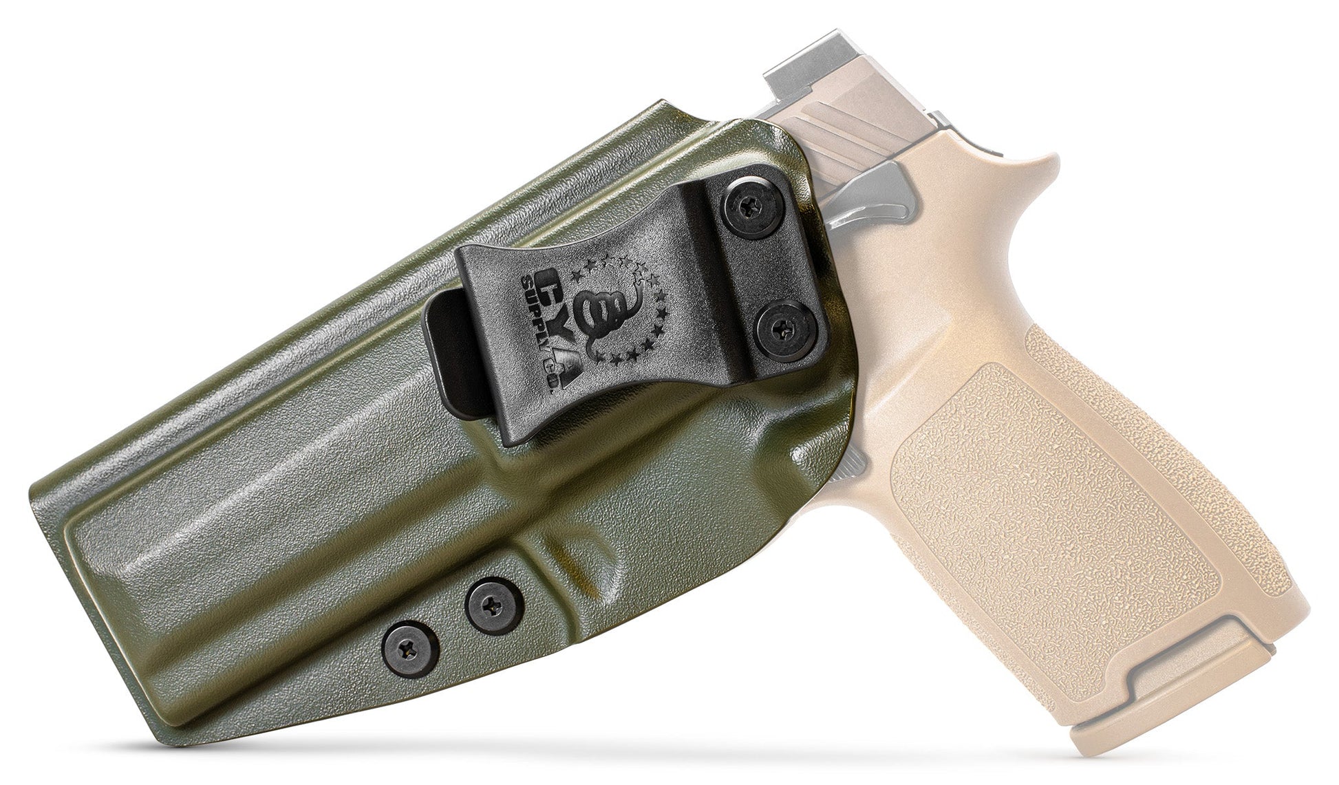 CYA Full size Holster in od green with a black clip on a tan sig sauer p320 handgun