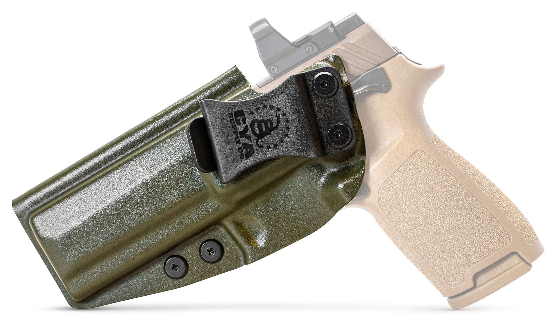 CYA Full size Holster in od green with a black clip on a tan sig sauer p320 handgun