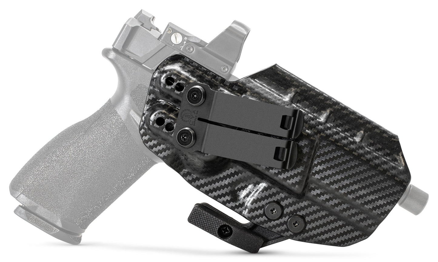 CYA PATH IWB Holster in carbons steel with a black clip on a black springfield echelon handgun