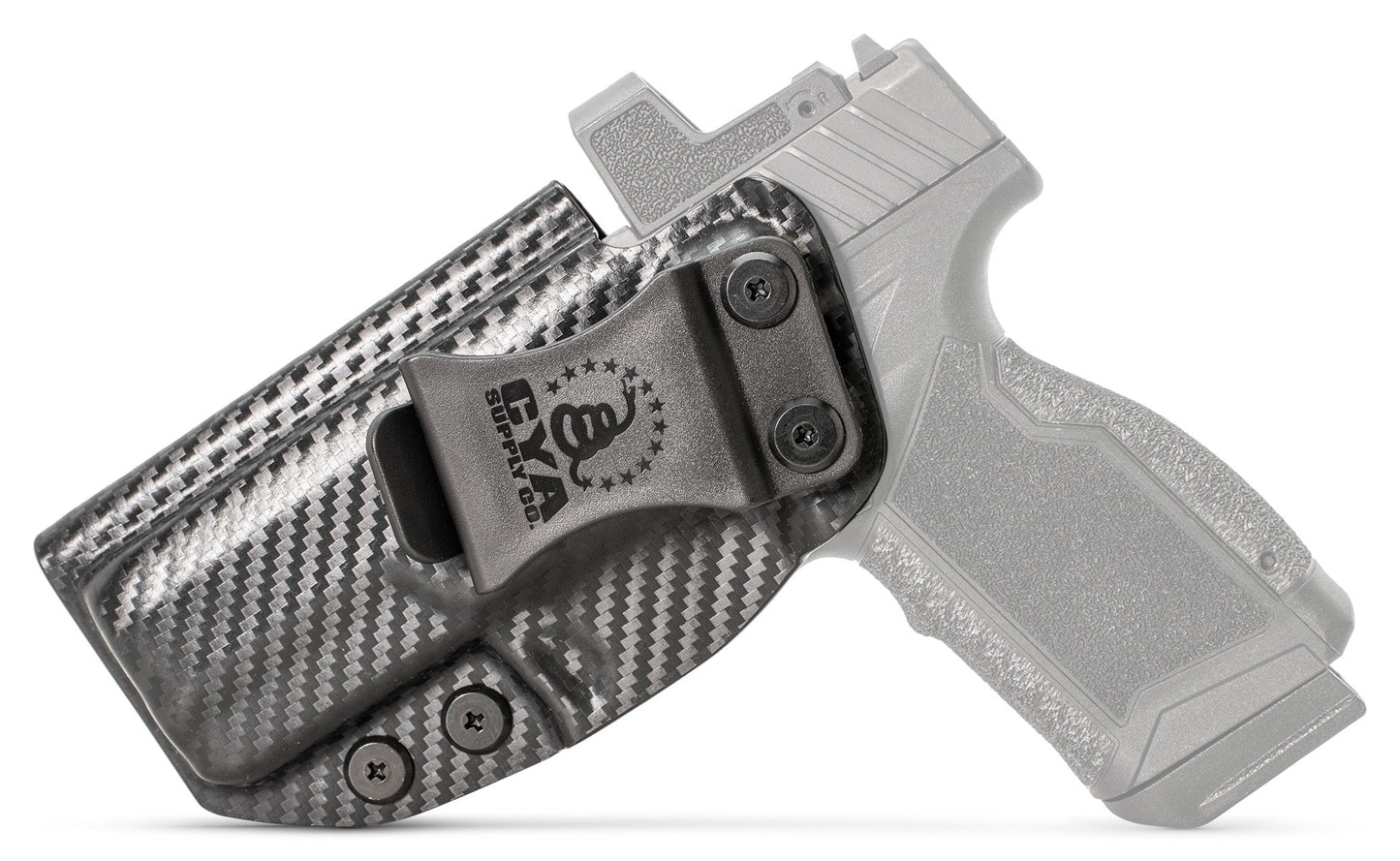 CYA Holster in carbon steel with a black clip on a black Taurus GX4XL handgun