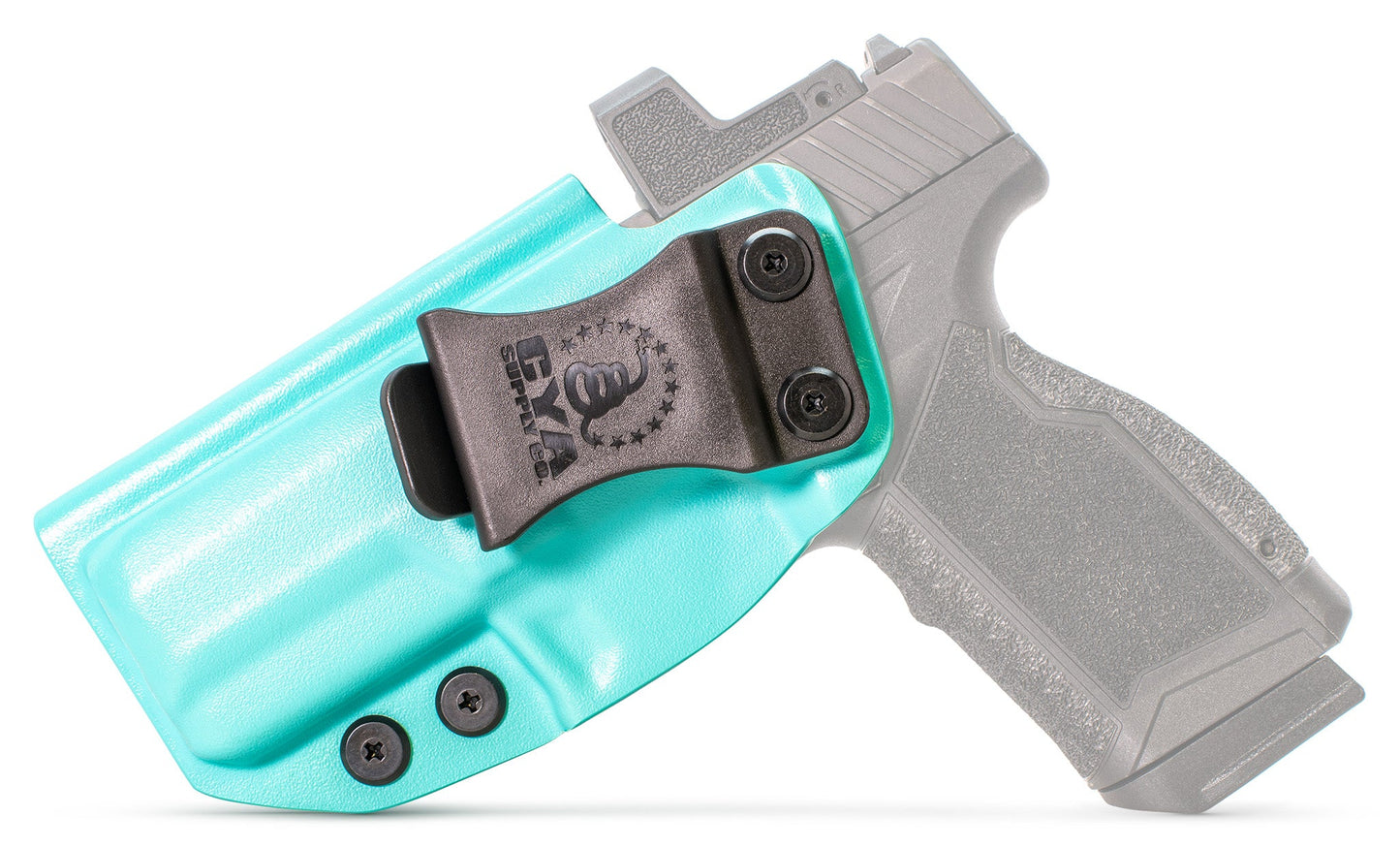 CYA Holster in teal blue with a black clip on a black Taurus GX4XL handgun